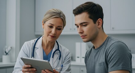 A doctor reviews patient results on a tablet, consulting and explaining the medical information.
