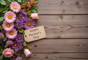 "Happy Mother's Day Greeting with Pink Flowers and Gift Box"

