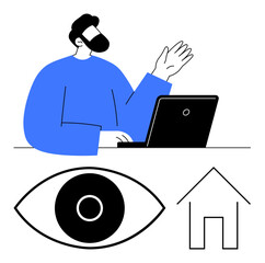 Man at desk using a laptop and gesturing, paired with an eye icon and house outline. Ideal for technology, communication, remote work, accessibility, vision, home connection, simple landing page