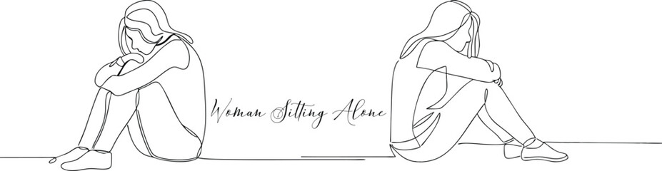 Woman Sitting Alone Continuous One Line Drawing Depiction Of Solitude Minimalist Icon Concept In Editable Stroke