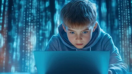 Concentrated child in hoodie working on laptop surrounded by digital binary code background, focused on screen with intense expression - Powered by Adobe