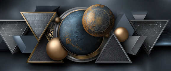 visually striking composition featuring geometric shapes, including triangles and spheres, set against dark background. design incorporates metallic textures and intricate patterns, evoking sense