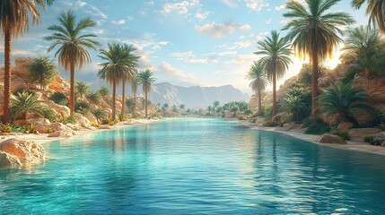 Obraz premium Tranquil desert oasis with palm trees and a shimmering pool of water