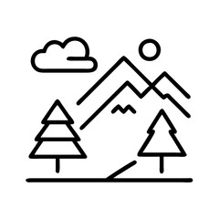 Mountain landscape nature scene with pine trees cloud sun and bird minimal vector illustration design