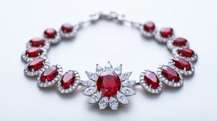 Glamorous ruby jewelry set with radiant red gemstones on earrings, necklace, and matching ring, isolate on white background