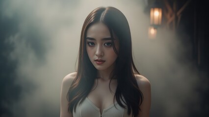 Mysterious Asian Woman in Smoky Atmosphere with Dramatic Lighting