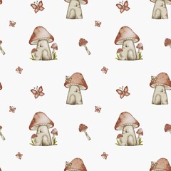 Whimsical fairytale pattern with castles, fairies, mushrooms, and butterflies in watercolor © Yuliia Kostenko