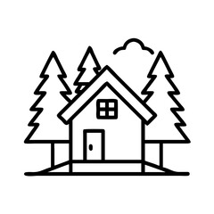 Cabin in the woods vector illustration, house in forest line art, tree and cloud outline drawing, simple art