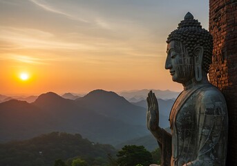Serene Sunset Contemplation and Peace with a Buddha Statue in Majestic Mountains