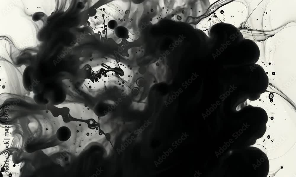 Poster exploring dynamic patterns of black and white ink flow in captivating abstract visuals