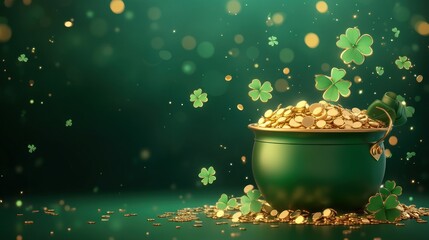 A Green Pot Overflowing With Gold Coins And Shamrocks