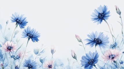 blue watercolor cornflower on white backdrop. painting flower background. illustration floral nature. Anemone flower wallpaper for greeting cards weddings or birthdays. Copy space. space for text