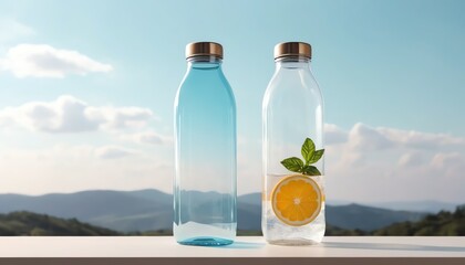 Two Glass Bottles with Refreshing Summer Drinks Outdoors Against Mountain View