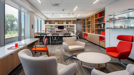View of a modern office space with comfortable seating areas and built in shelving and desks near windows .