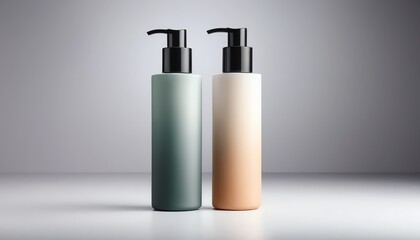 Elegant Green and Beige Lotion Bottles with Pump Dispensers on White Background Perfect for Skincare Product Mockups