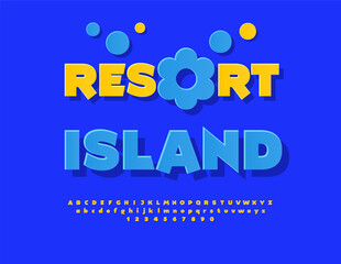 Vector Summer poster Resort Island. Sunny Yellow Font. Modern Sticker Alphabet Letters and Numbers set.