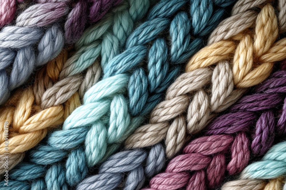 Poster close-up view of soft knitted wool texture showcasing pastel colors that invite touch and warmth, hi