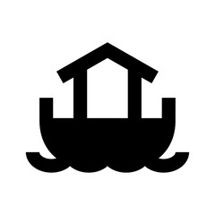 Illustration of a black ark with a roof floating on water with waves in a simple and minimalist style