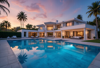 Luxurious Modern Mansion with Stunning Pool at Sunset