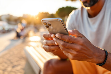 Young man using smartphone during sunset on beach with relaxed atmosphere
