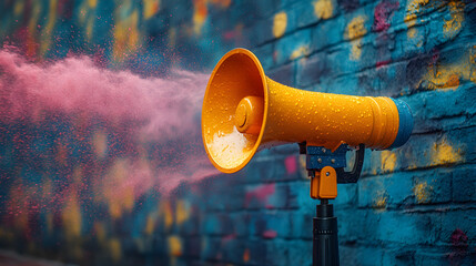 Vibrant megaphone with colorful spray, symbolizing powerful expression