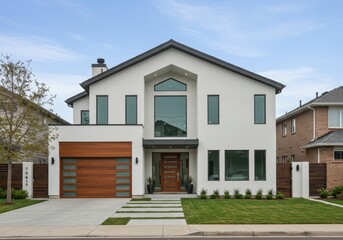 Bright white modern two-story house with sharp geometry and wood accents in minimal setting
