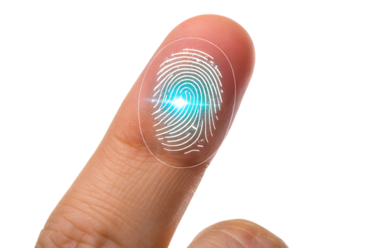 Human fingerprint scan biometric identification security system isolated on white background