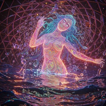 Uma deusa et&eacute;rea submersa em um sonho psicod&eacute;lico, Ilustra&ccedil;&atilde;o Trippy, luzes de n&eacute;on, efeitos caleidosc&oacute;picos, flutuando em um mar de cores derretidas,