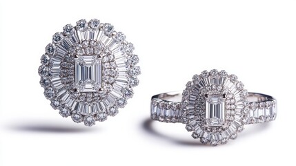 Stylish diamond jewelry set with baguette diamonds on earrings, necklace, and ring, isolate on white background