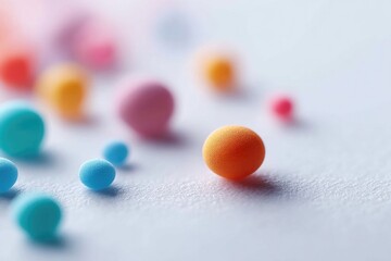 show minimalistic arrangement of various colorful microorganisms on stark white background with plenty of copy space