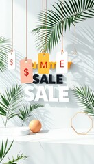 Obraz premium Summer Sale Promotion Hanging Tags with Tropical Leaves and Minimalist Decor