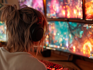 A person is sitting at a computer desk with three monitors displaying vibrant, colorful graphics