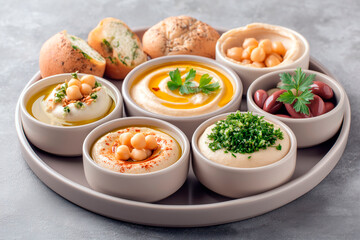 Assorted hummus dips and beans served in small bowls with herbs and bread on gray textured background