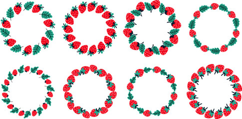 Frame of strawberry berries. Bright red berries with green leaves forming a decorative border. Isolated on white background. Ideal for organic food packaging, vector