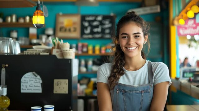 Cheerful Young Woman Barista in a Vibrant Coffee Shop: Smiling Customer Service Portrait in a Cozy Urban Cafe Setting