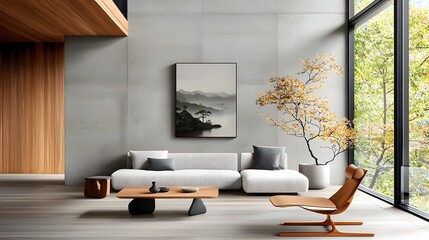 This stylish and tranquil contemporary living area features a plush sectional sofa refined natural textures and materials and a comforting Scandinavian aesthetic