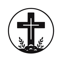 Black Cross Symbol with Leaves and Stones in a Circular Design  