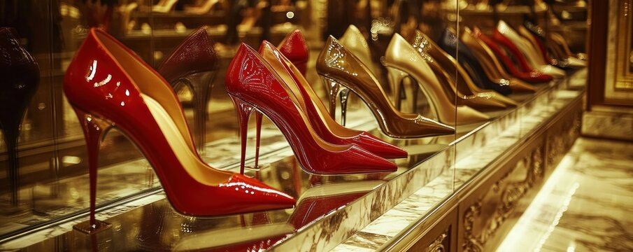 Elegant High Heels Showcase: A Luxurious Display of Red and Gold Footwear