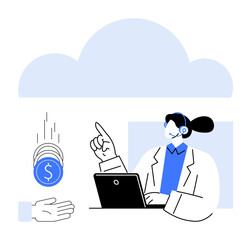 Customer service agent using headset and laptop, guiding digital transactions. Coins transferring to an open hand. Ideal for cloud computing, fintech, e-commerce, customer support, digital payments