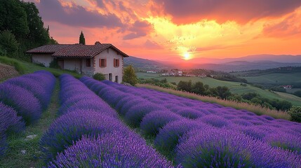 Vibrant sunrise- Warm glow paints rolling hills, lavender fields, and a distant village.