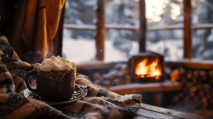 Hot chocolate with marshmallows in a winter cabin setting