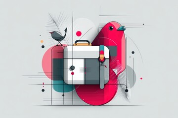 Colorful Digital Artwork of Briefcase and Birds in Modern Style