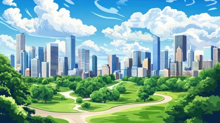 Naklejka premium City park scene with modern buildings and lush greenery
