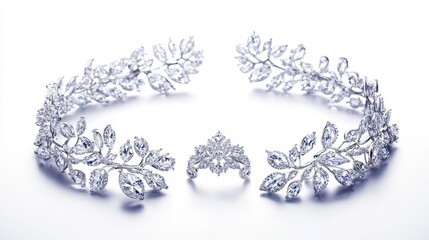 Glamorous silver jewelry set with diamond-studded earrings, necklace, and ring, isolate on white background