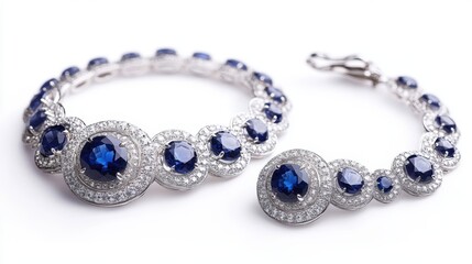 Obraz premium Classic platinum jewelry set with round sapphires on earrings, necklace, and ring, isolate on white background