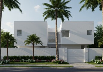 Sleek contemporary residence with white walls and tropical landscaping accented by palm trees