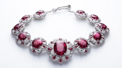 Obraz premium Luxurious ruby jewelry set with radiant red rubies and diamonds on earrings, necklace, and matching ring, isolate on white background