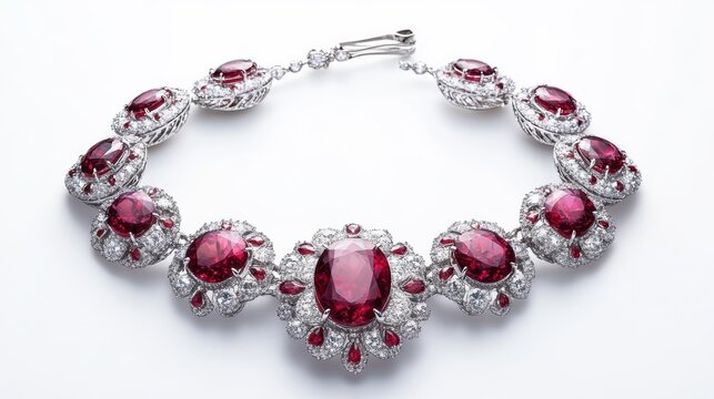 Luxurious ruby jewelry set with radiant red rubies and diamonds on earrings, necklace, and matching ring, isolate on white background