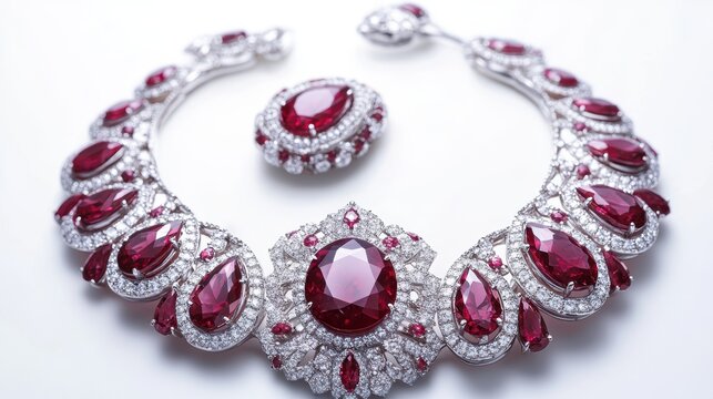 Luxurious ruby jewelry set with radiant red rubies and diamonds on earrings, necklace, and matching ring, isolate on white background