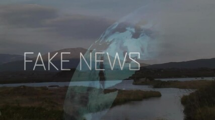 Rotating globe hovering above winding marsh river, featuring floating FAKE NEWS text in 3D render - Powered by Adobe